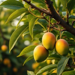 Close-up of yellow mangoes on fruit tree