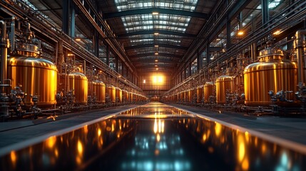 Stunning industrial interior rows of gleaming copper vats in a vast factory, reflecting light.  A powerful image of manufacturing and production.
