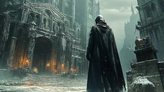 Dark fantasy gothic city, hooded figure, cold winter.  Possible use Game cover, wallpaper