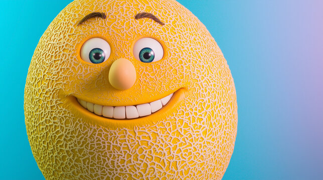 Cartoonish melon character with a happy expression on a colorful background