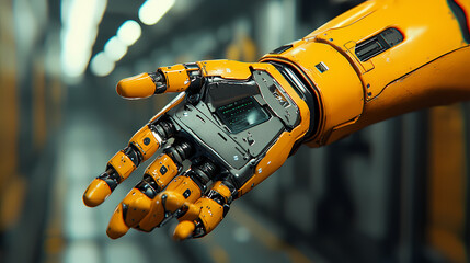 A futuristic robotic hand extends forward, showcasing intricate mechanical details and a vibrant yellow exterior against a blurred background.