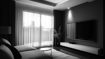 Fototapeta premium Modern living room interior, windows, TV, cozy