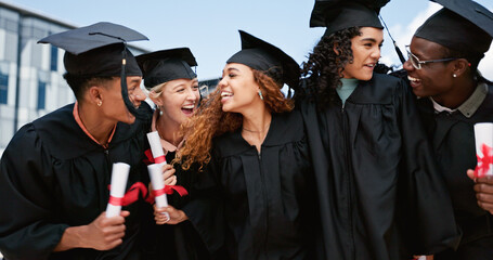 Outdoor, happy people or students laughing at graduation for education goals, degree certificate or...