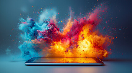 Obraz premium Colorful explosion of powder around a modern tablet on a dark background