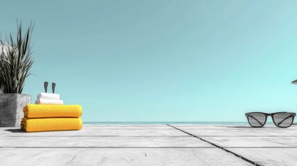 Obraz premium Serene Beach Scene Yellow Towels Sun Glasses and Plant on White Deck