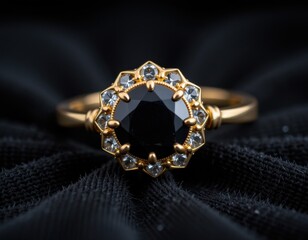 Elegant black gemstone ring with floral gold setting on black velvet background showcasing unique design and craftsmanship