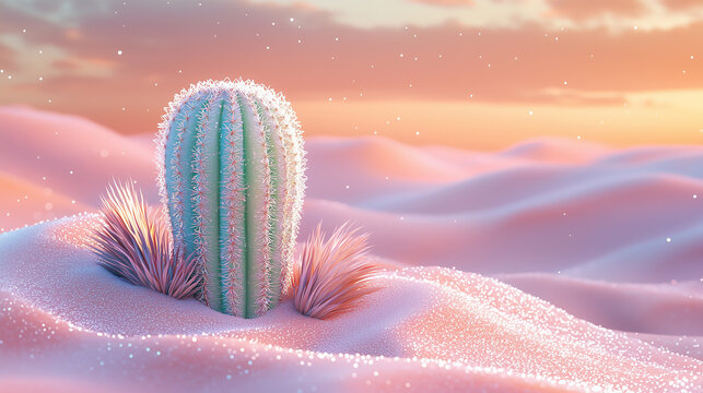 Colorful cactus under a vibrant sunset in a shimmering sandy landscape