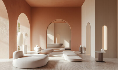 A minimalistic interior space featuring soft, rounded furniture, warm tones, and elegant arches, creating a serene and inviting atmosphere.