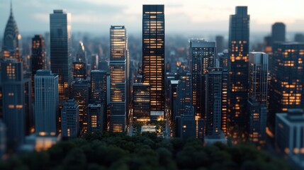 Obraz premium Aerial view of New York City skyline at dusk showcasing illuminated buildings and urban landscape