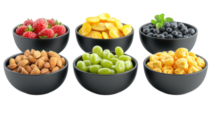Vibrant bowls of fresh fruits and nuts, a healthy delicious treat for snacking or meals
