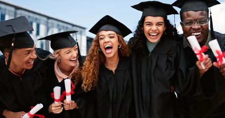 Outdoor, happy people or friends laughing at graduation for education goals, degree certificate or...