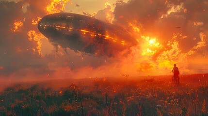 Child Bids Farewell to Airship at Sunset, Bicycle Ride Adventure in Digital Art, Emotional Farewell Scene with Vibrant Colors and Dramatic Sky