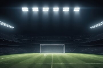 Dramatic football field under bright stadium lights with dark background.

