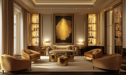 A luxurious living room featuring golden accents, elegant furniture, and sophisticated decor, creating an opulent atmosphere.