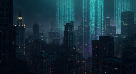 Digital Rain Over Metropolis: A Cyberpunk Cityscape with Cascading Binary Code