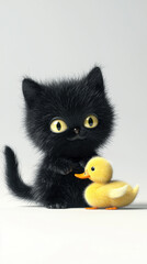 Fototapeta premium Black Kitten with Yellow Duckling