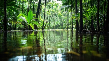 Lush rainforest floor reflected in calm water