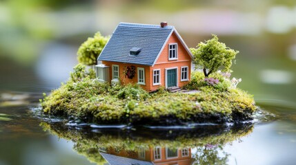 Miniature Orange House on Mossy Island in Pond