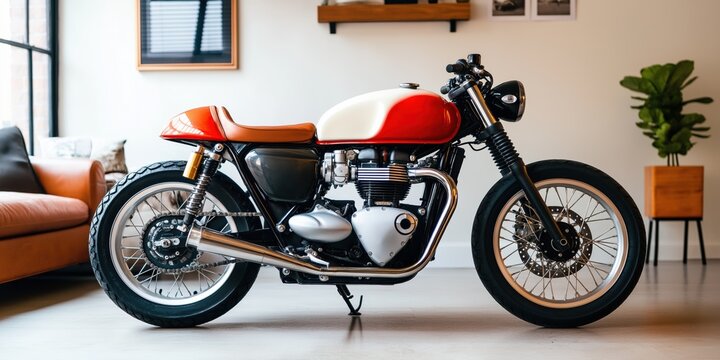 A red and white motorcycle is parked in a living room. The motorcycle is parked in front of a couch and a potted plant - Powered by Adobe