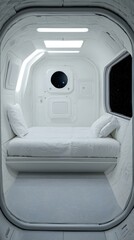 Futuristic spaceship bedroom with a bed, pillows, and a view of space. Ideal for science fiction, space travel, and futuristic design concepts.