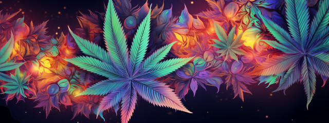Colorful Cannabis Leaves with Glowing Abstract Background