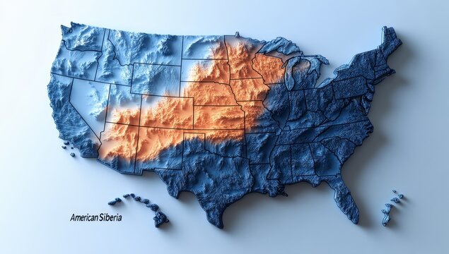 3D US map, elevation, American Southwest highlighted