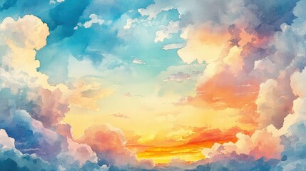 Vibrant Sunset Sky Over Fluffy Clouds in a Colorful Artful Style, Blending Soft Hues of Blue, Pink, Yellow, and Orange for a Serene Natural Landscape