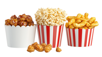 A treat for movie night, three popcorn cups in red and white striped paper, perfect for sharing at the cinema