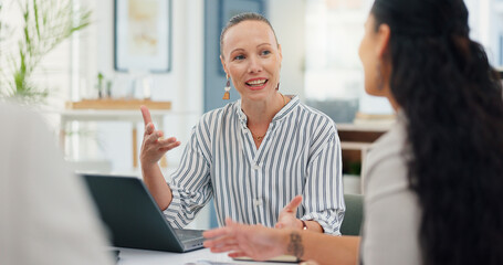 Advisor, meeting and planning with business people in office for account manager, teamwork or discussion. Investment portfolio, client research and talking with employees in agency for review