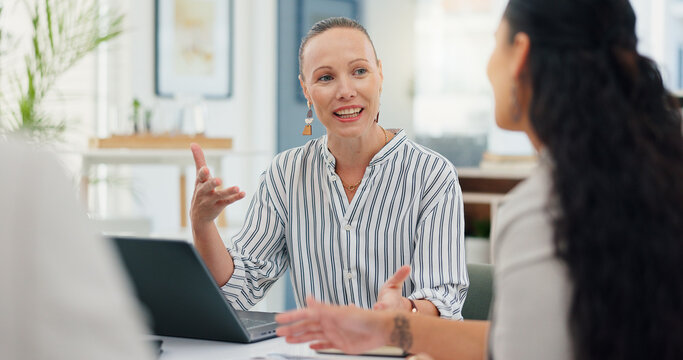 Advisor, meeting and planning with business people in office for account manager, teamwork or discussion. Investment portfolio, client research and talking with employees in agency for review