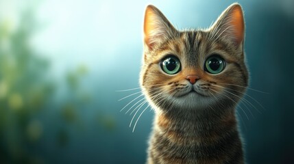 Cute Tabby Cat Portrait with Big Green Eyes and Whiskers