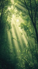 Obraz premium Sunlit Forest Canopy: The ethereal beauty of sunlight piercing through lush, verdant foliage of a forest canopy, casting a magical glow on the scene.