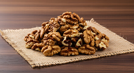 Obraz premium Natural walnut kernels arranged on a burlap cloth atop a wooden table