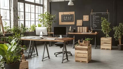 Modern, plant-filled office workspace with wooden desks, computers, and natural light.  Ideal for design, productivity, and wellbeing themes.