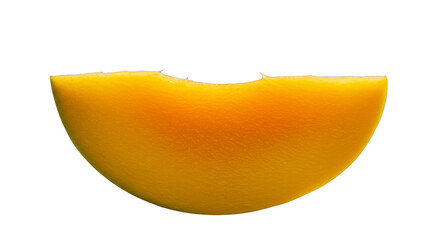 Juicy mango slice illuminated by natural light against a pristine white canvas