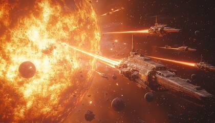 Futuristic spaceships engaging in a battle near an enormous star