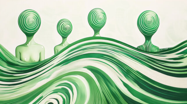 Four abstract figures with spiral heads emerging from wavy green patterns
