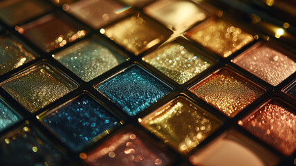High-quality image capturing the reflective surface of a metallic eyeshadow palette.