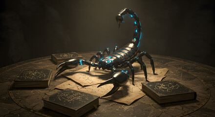 Cybernetic guardian: A scorpion sentinel protecting ancient star maps collection