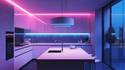 Modern Kitchen with Neon Lighting, City View.  Possible Stock Photo Use