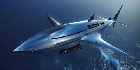 Obraz premium Hypersonic strike drone engineered after relentless speed of blue shark ultra streamlined body slicing through air silent efficiency targeting system replicates predator precise instinct locking onto