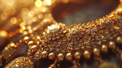 Luxurious gold necklace adorned with intricate details and sparkling gemstones under soft, natural light.