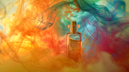 Vibrant streaks of color swirling within a cloud of perfume mist, creating a captivating visual symphony of scent.