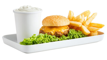 Delicious hamburger and crispy golden fries on a white tray, classic fast food meal