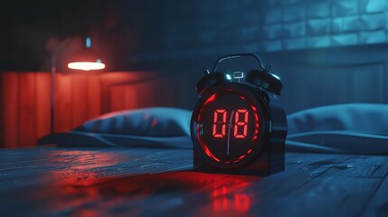 A black alarm clock with a red digital display sits on a wooden nightstand in a dark bedroom. The clock reads 8:00.