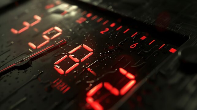 A close-up of a digital clock with red numbers. The clock is wet and there are drops of water on the surface.