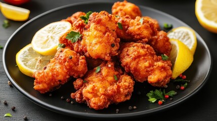 Crispy Golden Fried Chicken Bites Served with Fresh Lemon Wedges on a Black Plate Ideal for Food Photography and Culinary Delights