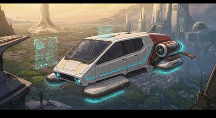 Futuristic Flying Car Hovering Above Cityscape Sci Fi Vehicle