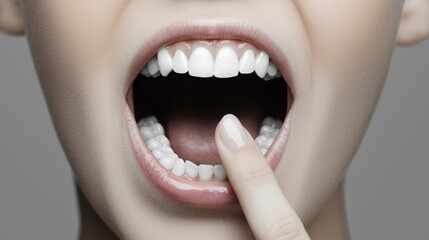 Obraz premium Close-Up of Open Mouth with Healthy Teeth and Finger Pointing Inside