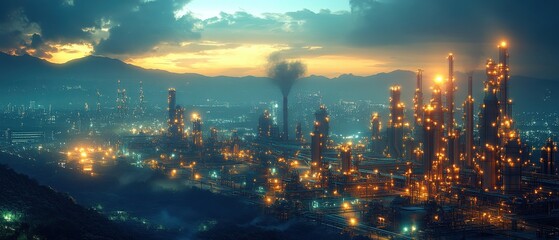 Obraz premium Night view of illuminated industrial refinery complex against a dramatic sunset and mountain backdrop.